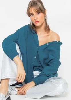 Musselin Bluse Oversize, Kurz, Petrolblau