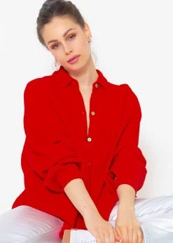 Musselin Bluse Oversize, Kurz, Rot