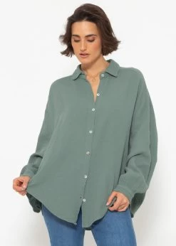 Musselin Bluse Oversize, Kurz, Salbeigrün