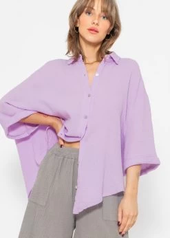 Musselin Bluse Oversize Kurzarm, Kurz, Flieder