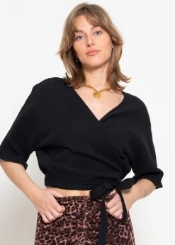 Musselin Bluse Zum Wickeln - Schwarz