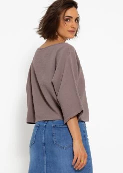 Musselin Top Mit Ausgefranstem Ärmelabschluss - Taupe -Sassyclassy sassyclassy musselin top mit ausgefranstem armelabschluss taupe S4203E7040 2