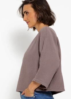 Musselin Top Mit Ausgefranstem Ärmelabschluss - Taupe -Sassyclassy sassyclassy musselin top mit ausgefranstem armelabschluss taupe S4203E7040 4