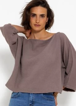 Musselin Top Mit Ausgefranstem Ärmelabschluss - Taupe -Sassyclassy sassyclassy musselin top mit ausgefranstem armelabschluss taupe S4203E7040 6