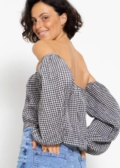Musselin Top Mit Vichy-Print, Schulterfrei - Schwarz-weiß -Sassyclassy sassyclassy musselin top mit vichy print schulterfrei schwarz weiss S4203T7013 1