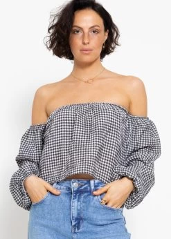 Musselin Top Mit Vichy-Print, Schulterfrei - Schwarz-weiß -Sassyclassy sassyclassy musselin top mit vichy print schulterfrei schwarz weiss S4203T7013