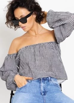 Musselin Top Mit Vichy-Print, Schulterfrei - Schwarz-weiß -Sassyclassy sassyclassy musselin top mit vichy print schulterfrei schwarz weiss S4203T7013 6