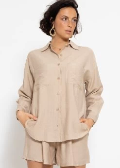 Oversize Viskose Bluse Mit Aufgesetzten Taschen - Beige -Sassyclassy sassyclassy oversize bluse mit aufgesetzten taschen beige S4203E6881 2