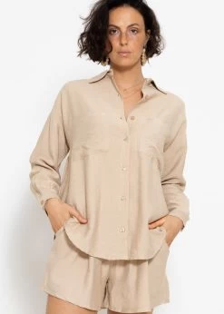 Oversize Viskose Bluse Mit Aufgesetzten Taschen - Beige -Sassyclassy sassyclassy oversize bluse mit aufgesetzten taschen beige S4203E6881 5