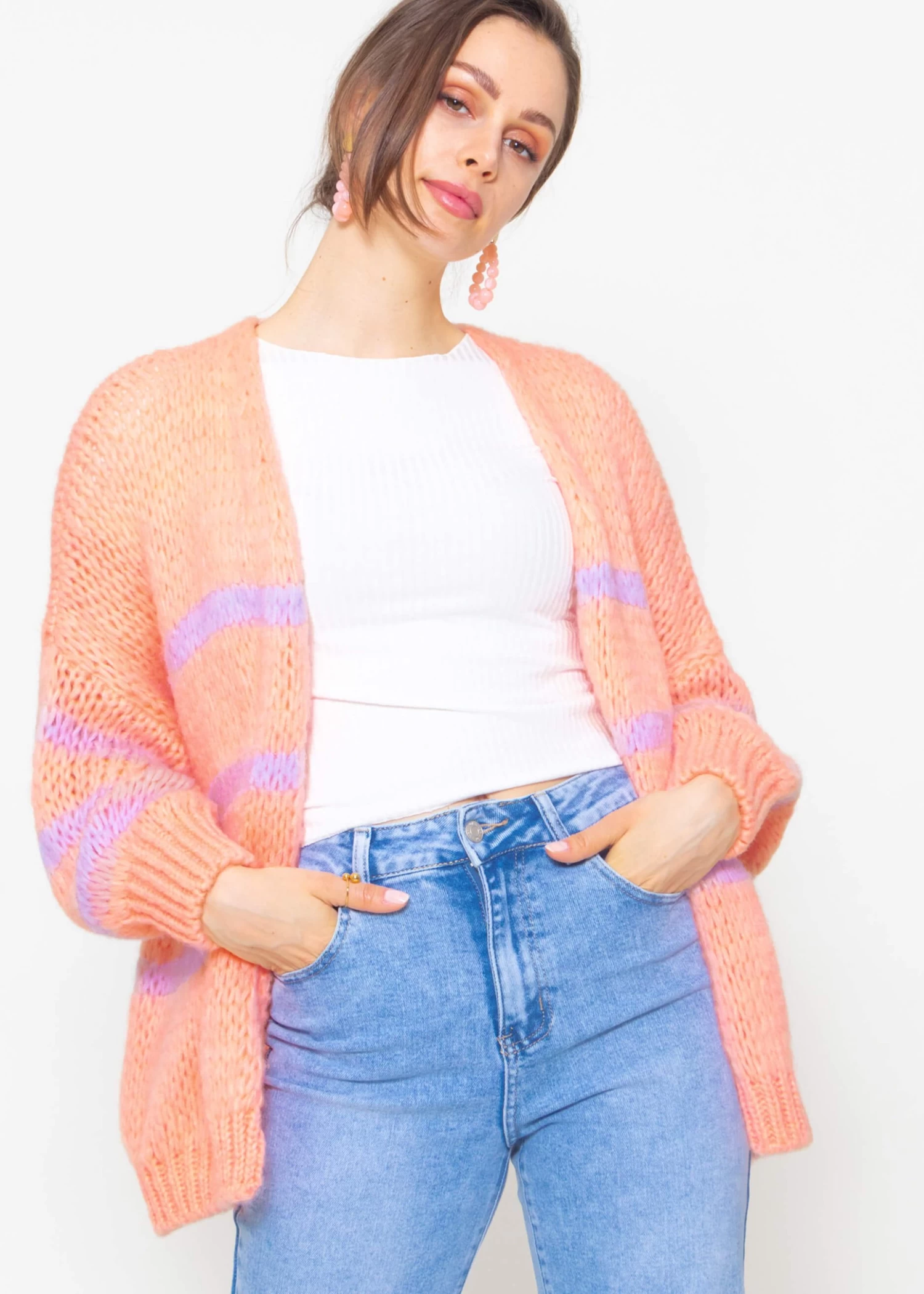 Oversize Cardigan Mit Flieder Streifen - Peach 7 Oversize Cardigan Mit Flieder Streifen - Peach – Bild 5