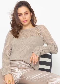 Pullover Mit Netzstruktur An Ärmeln Und Ausschnitt - Taupe -Sassyclassy sassyclassy pullover mit netzstruktur an armeln und ausschnitt taupe S4203P6869 3
