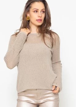 Pullover Mit Netzstruktur An Ärmeln Und Ausschnitt - Taupe -Sassyclassy sassyclassy pullover mit netzstruktur an armeln und ausschnitt taupe S4203P6869 7