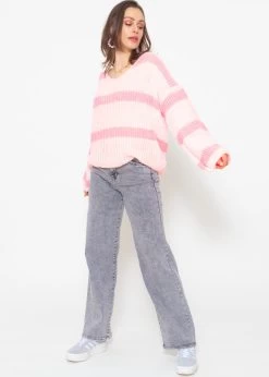 Pullover Mit Streifen Und V-Ausschnitt - Hellrosa-rosa -Sassyclassy sassyclassy pullover mit streifen und vausschnitt hellrosa rosa S4203P6890 6