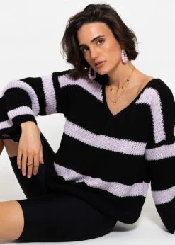 Pullover Mit Streifen Und V-Ausschnitt - Schwarz-lila -Sassyclassy sassyclassy pullover mit streifen und vausschnitt schwarz lila S4203P6960