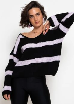 Pullover Mit Streifen Und V-Ausschnitt - Schwarz-lila -Sassyclassy sassyclassy pullover mit streifen und vausschnitt schwarz lila S4203P6960 4