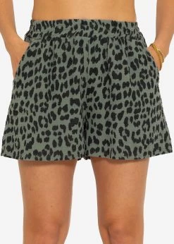 Musselin Shorts Mit Leo-Print - Khaki