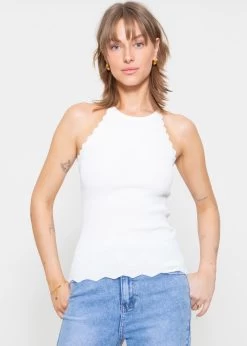 Strick Top Mit Bogenkante, Offwhite