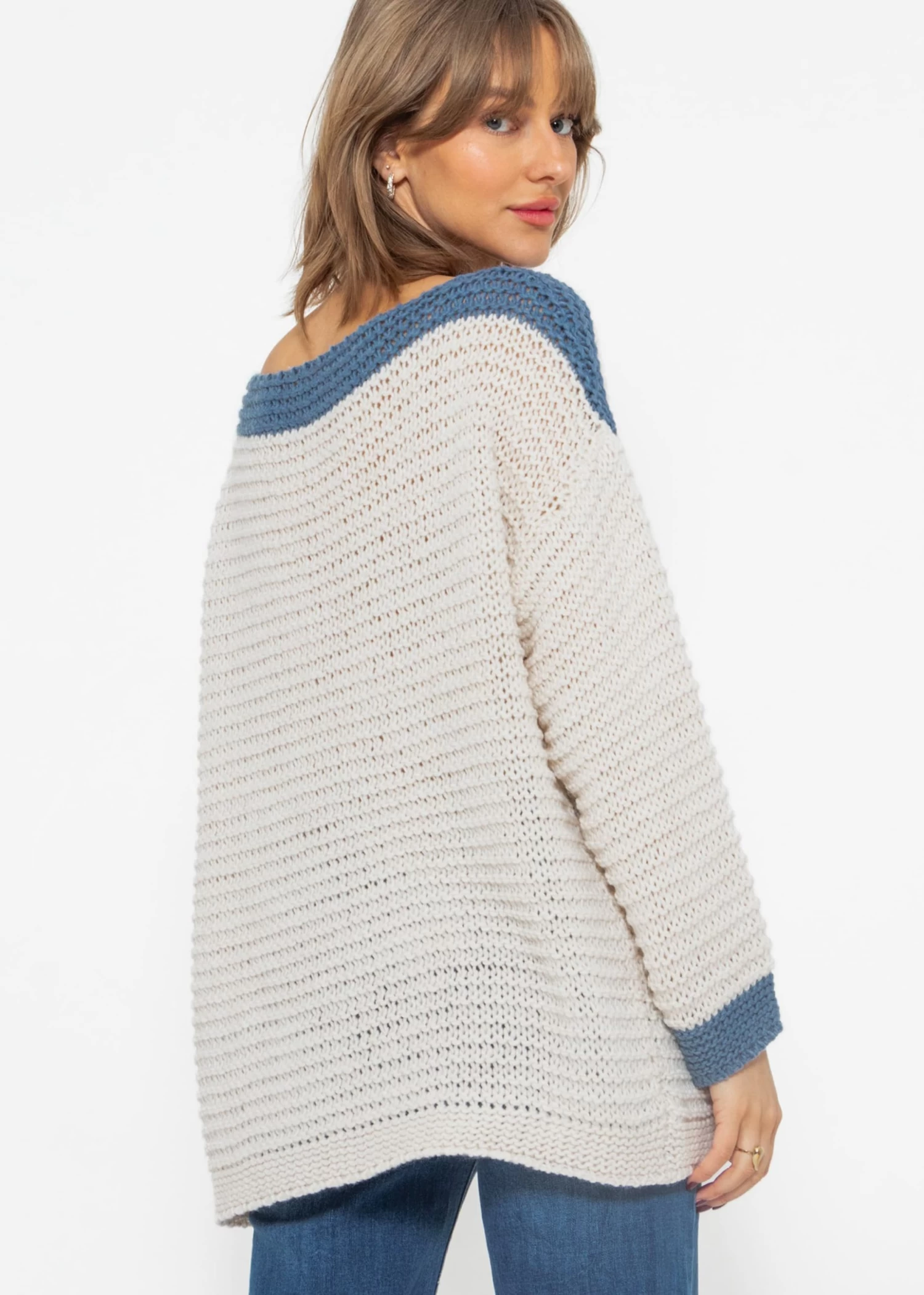 Strickpullover Mit Farbiger Blende - Offwhite-blau 9 Strickpullover Mit Farbiger Blende - Offwhite-blau – Bild 7