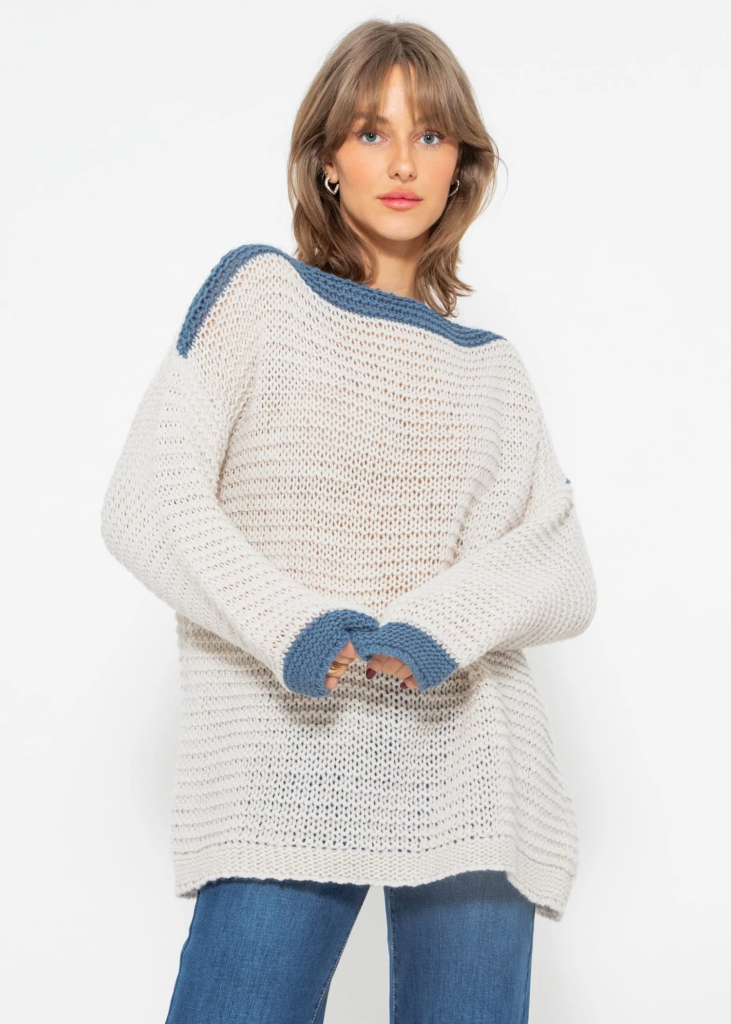 Strickpullover Mit Farbiger Blende - Offwhite-blau 8 Strickpullover Mit Farbiger Blende - Offwhite-blau – Bild 6